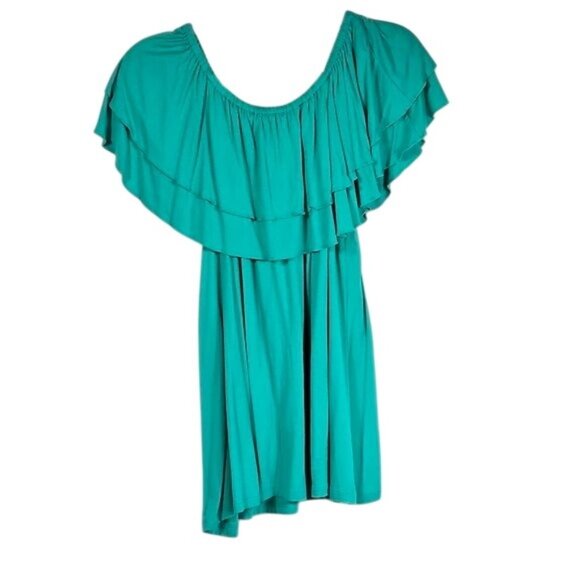 Chelsea and Theodore Aqua Ruffle Tiered Tunic Sz S Stretchy Soft 4 Way Neckline - Picture 1 of 8